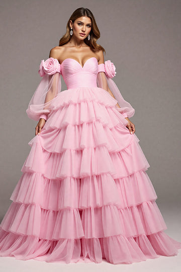 Pink Tulle Floral A Line Long Prom Dress with Ruffles